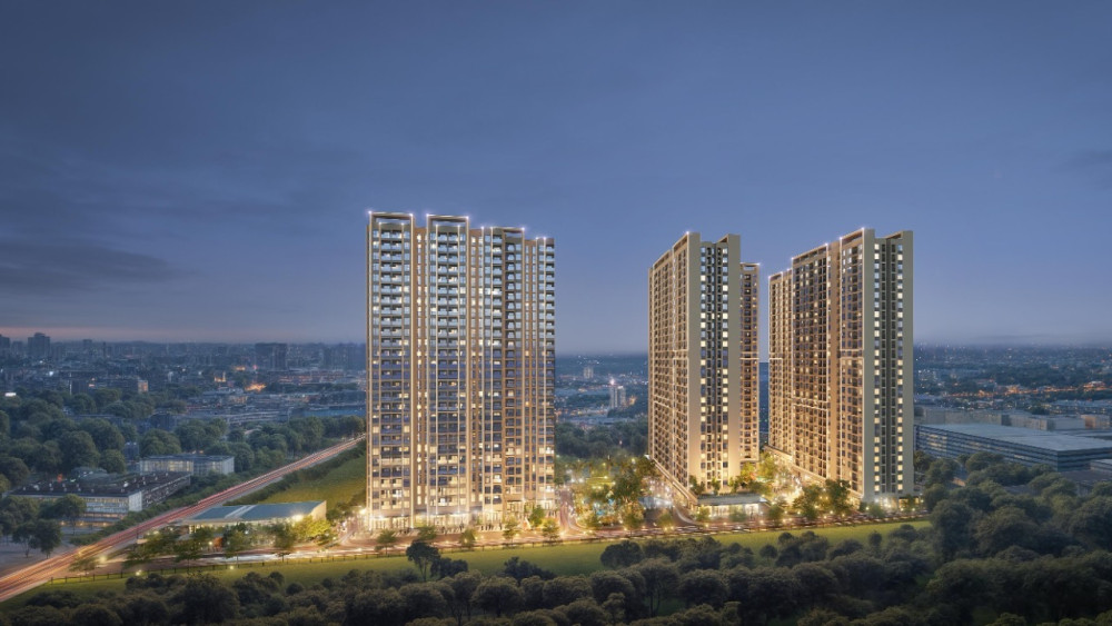 Phối cảnh Khu nhà ở xã hội Phương Mai tại xã Mỹ Hạnh có tổng vốn đầu tư lên đến 1.638 tỉ đồng, với ba tháp chung cư cao 27 tầng